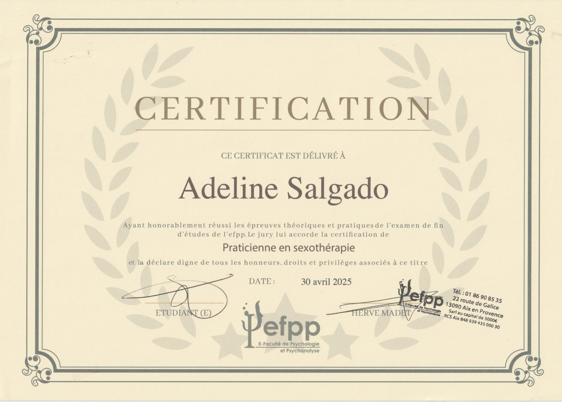 Certification Adeline Salgado sexologue